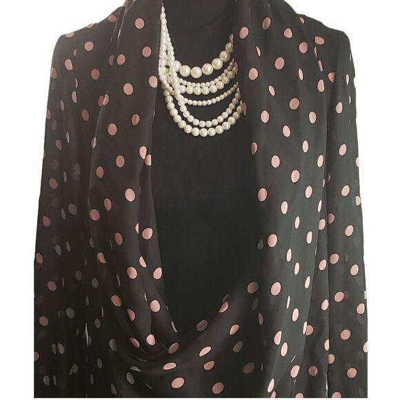 Bisou Bisou Black Pink Polka Dot Flowy Shawl Collar V- Neck Blouse Size M - Picture 6 of 9